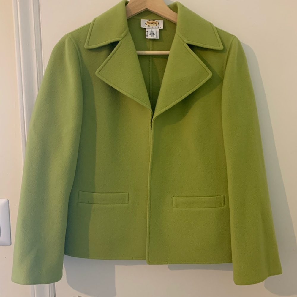 Talbots Open front Jacket 100% Wool Blazer Lime Green Pockets